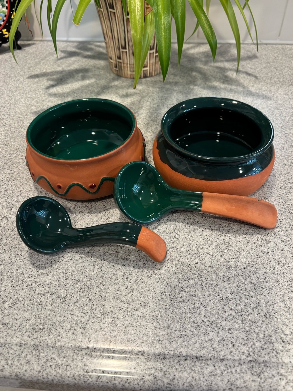 2 Harry & David Handcrafted Green & Terracotta Ceramic Soup Bowls with Ladles